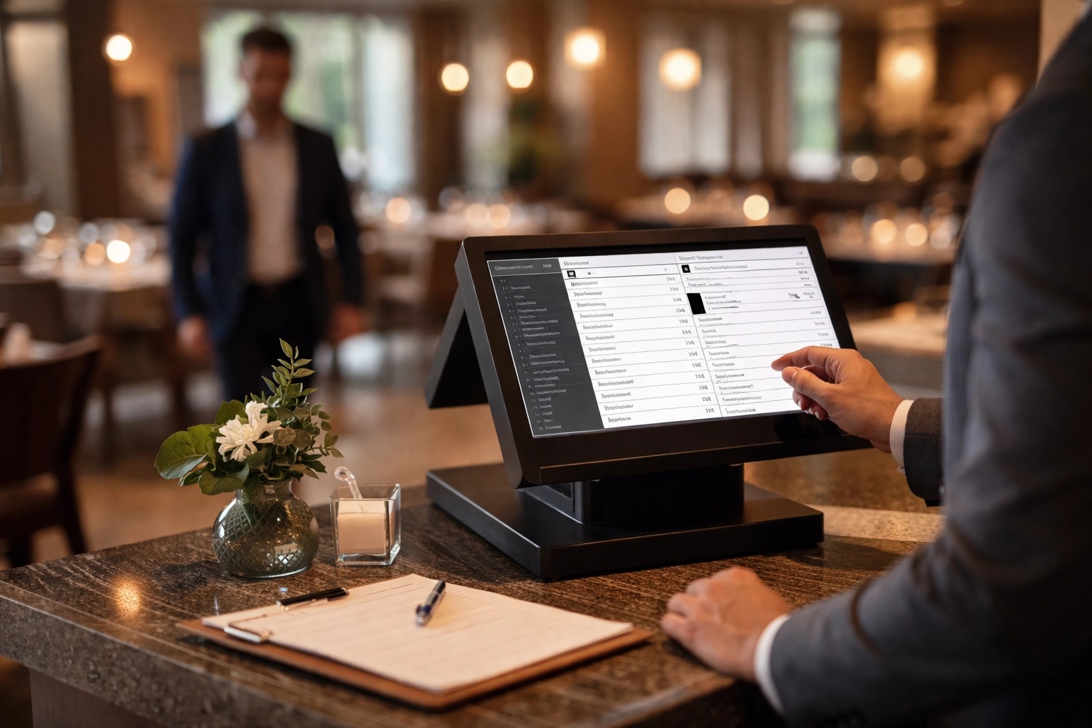 Restaurant host using POS system to review customer data for personalized service and loyalty