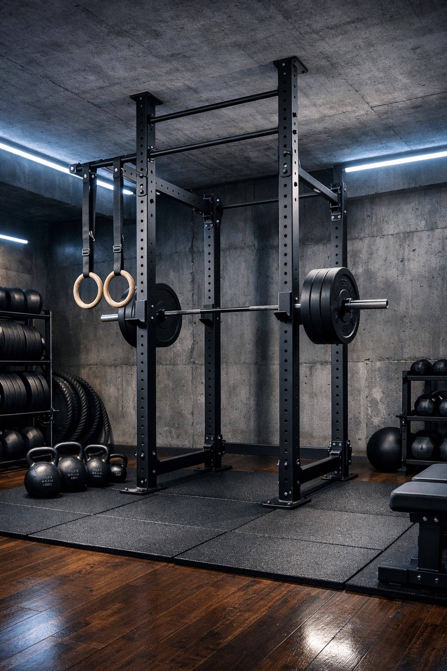 A versatile floor to ceiling gym with gymnastic rings for bodyweight training at home.