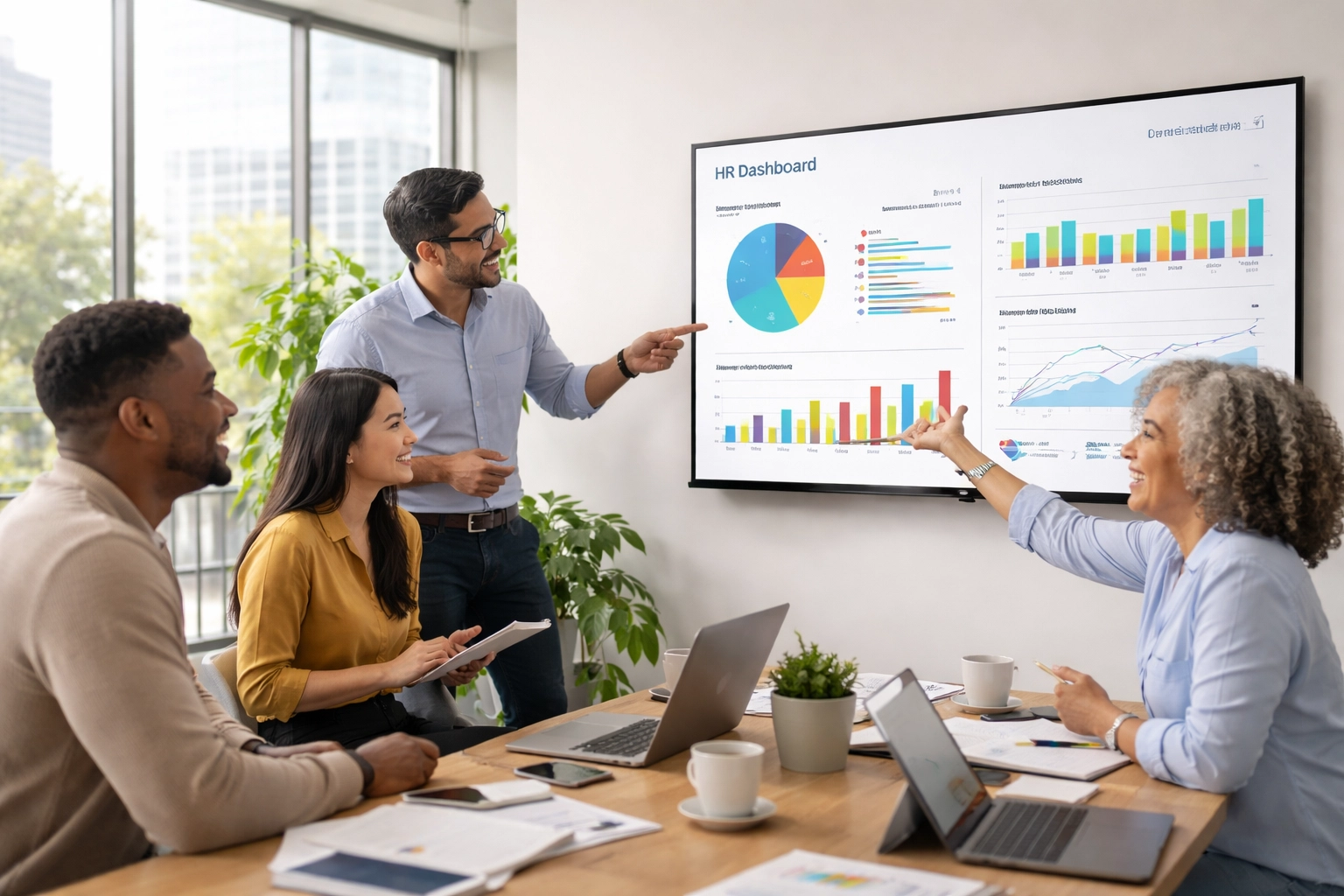 HR team collaborating around a dashboard screen to optimize ServiceNow HRSD solutions.