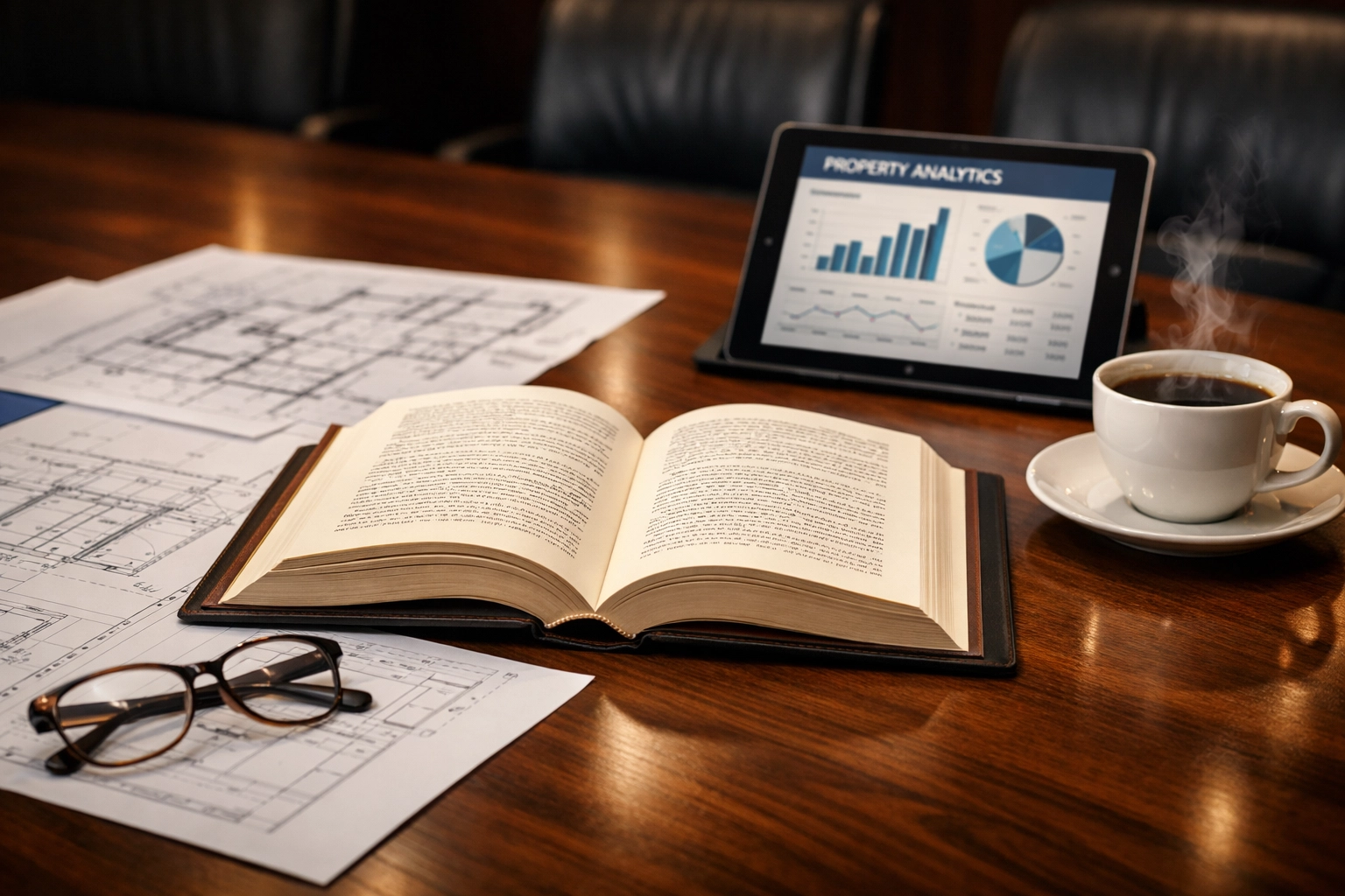 Real estate investment education materials with blueprints and property analytics