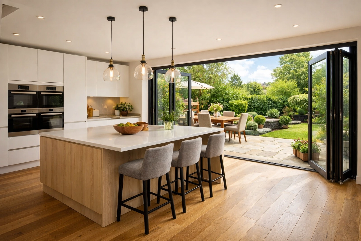 Open-plan kitchen extension with bi-fold doors opening to garden in Poole