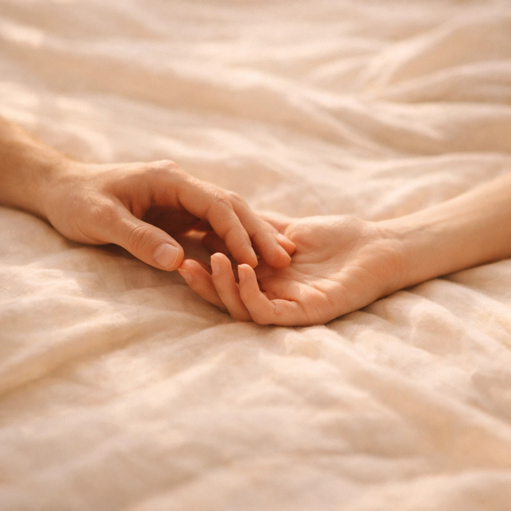 Pár kezei gyengéden érintkeznek - kapcsolati intimitás és bizalom építése