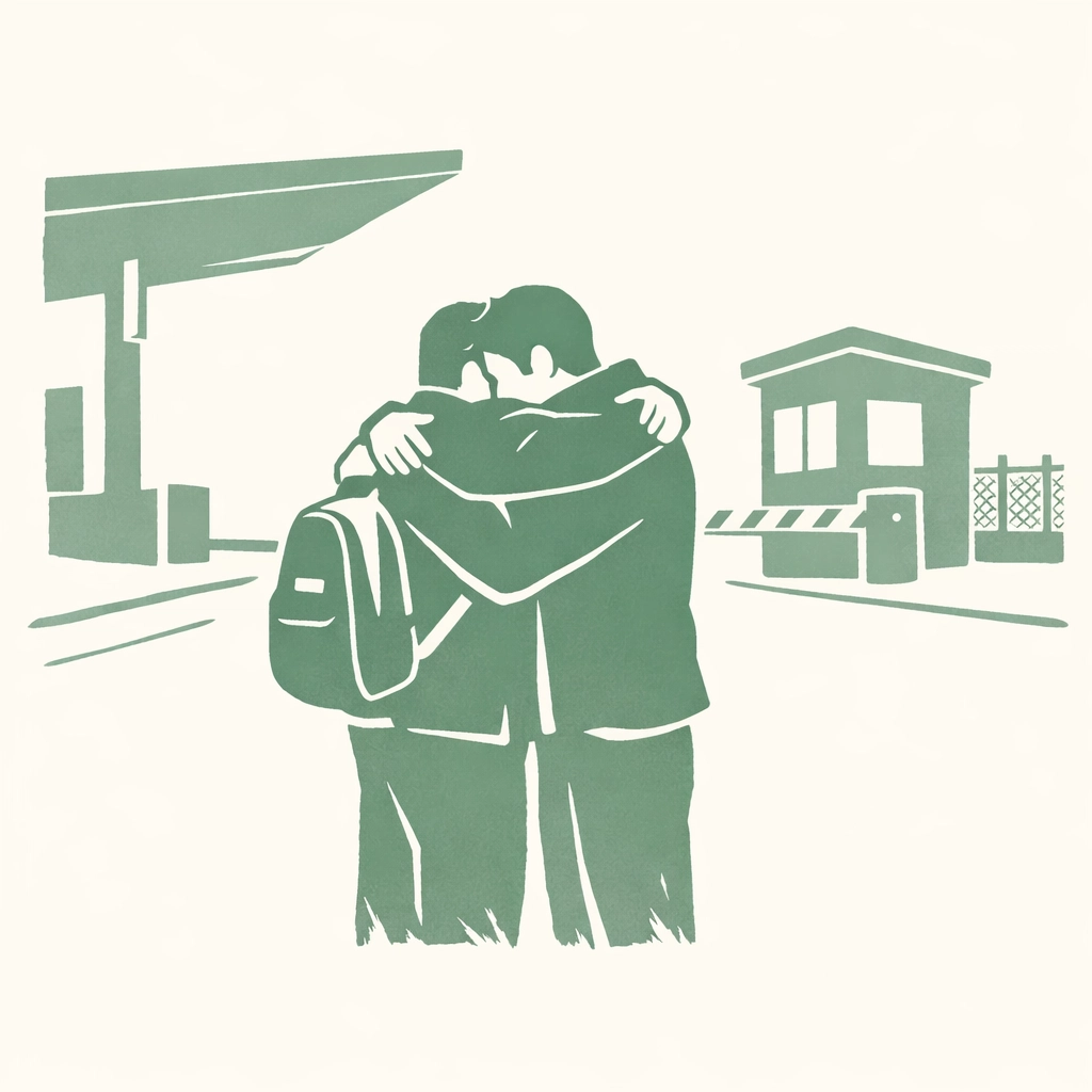 Two men embracing at border checkpoint during asylum journey from Zimbabwe to South Africa