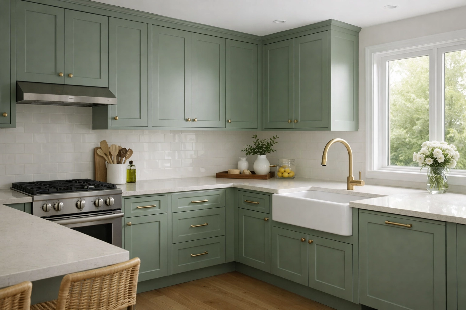 Modern kitchen with sage green spray painted cabinets and marble countertops