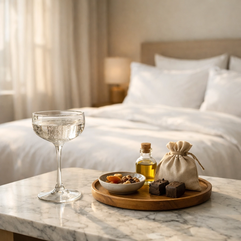 Minimalist luxury hotel suite with a guest amenity, illustrating efficient automated room preparation.