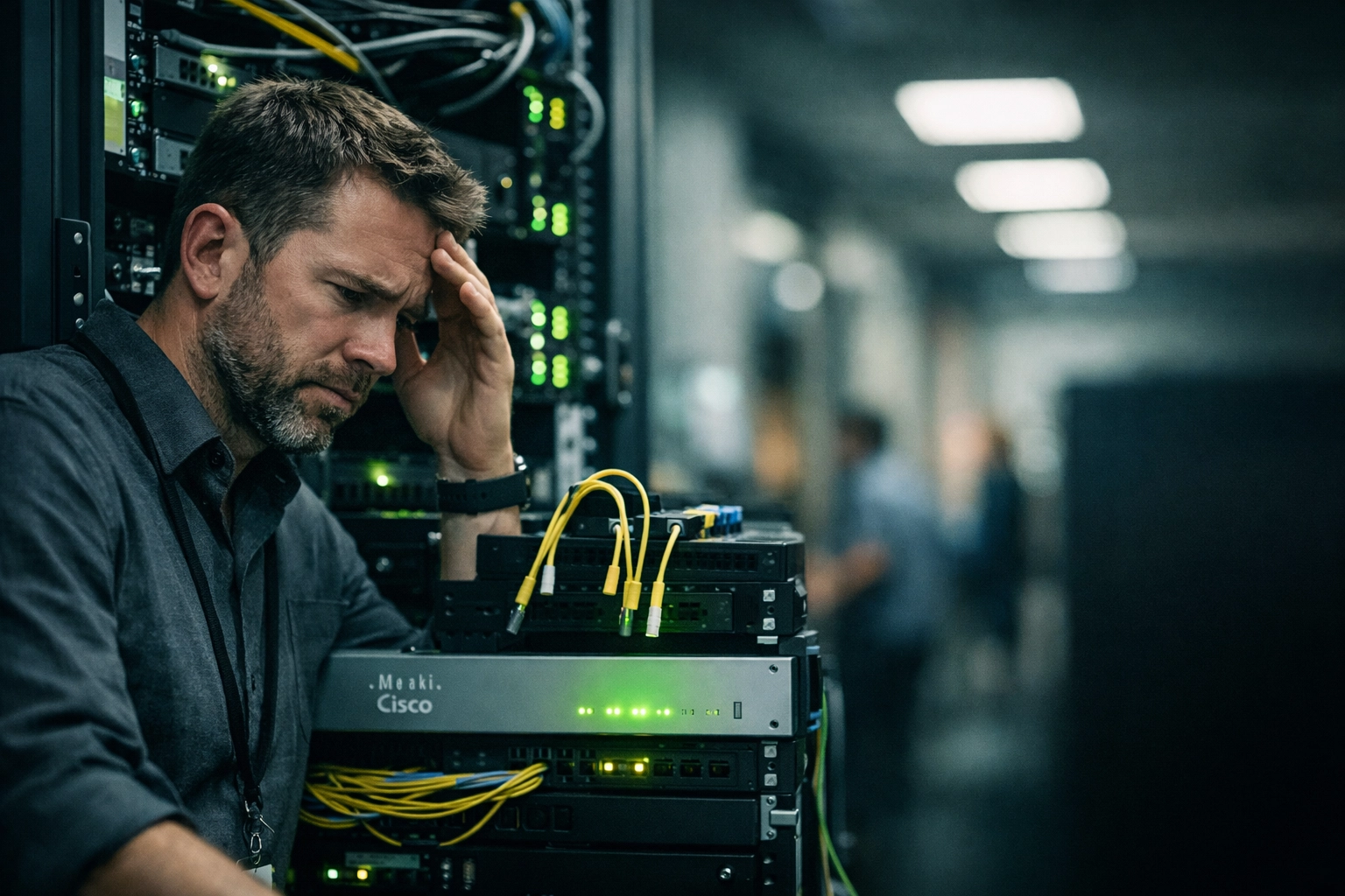 IT support specialist in Lincoln Nebraska troubleshooting a failed fiber cutover at a network rack.