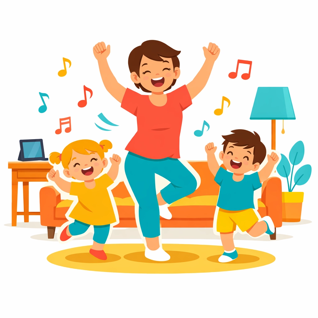 Family dance party with toddlers showing active purposeful technology use at home