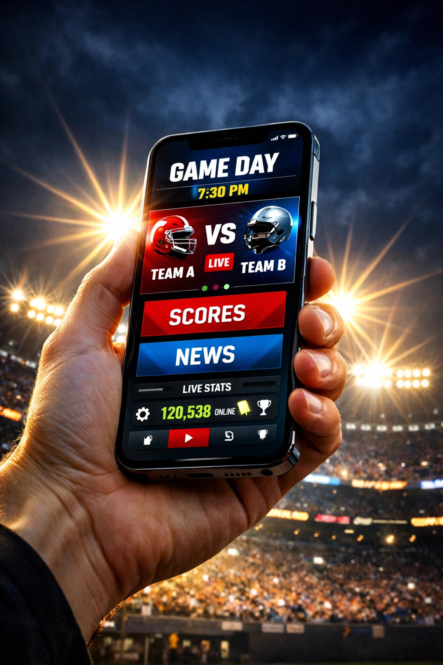 Smartphone showing a sports media app with a brightly lit stadium background for Super Bowl 2026.