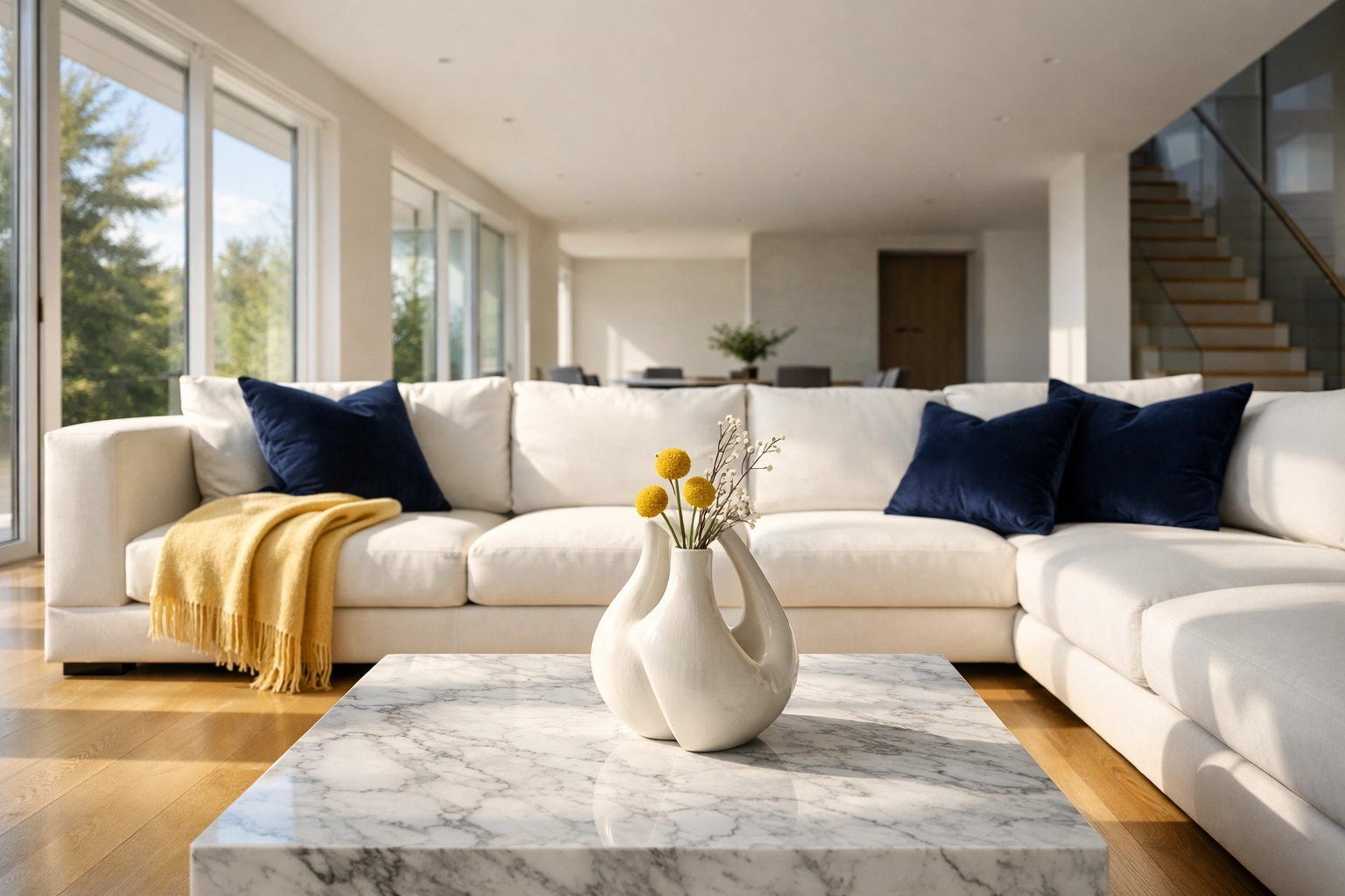 Minimalist luxury living room in Massachusetts reflecting mental clarity through regular house cleaning.