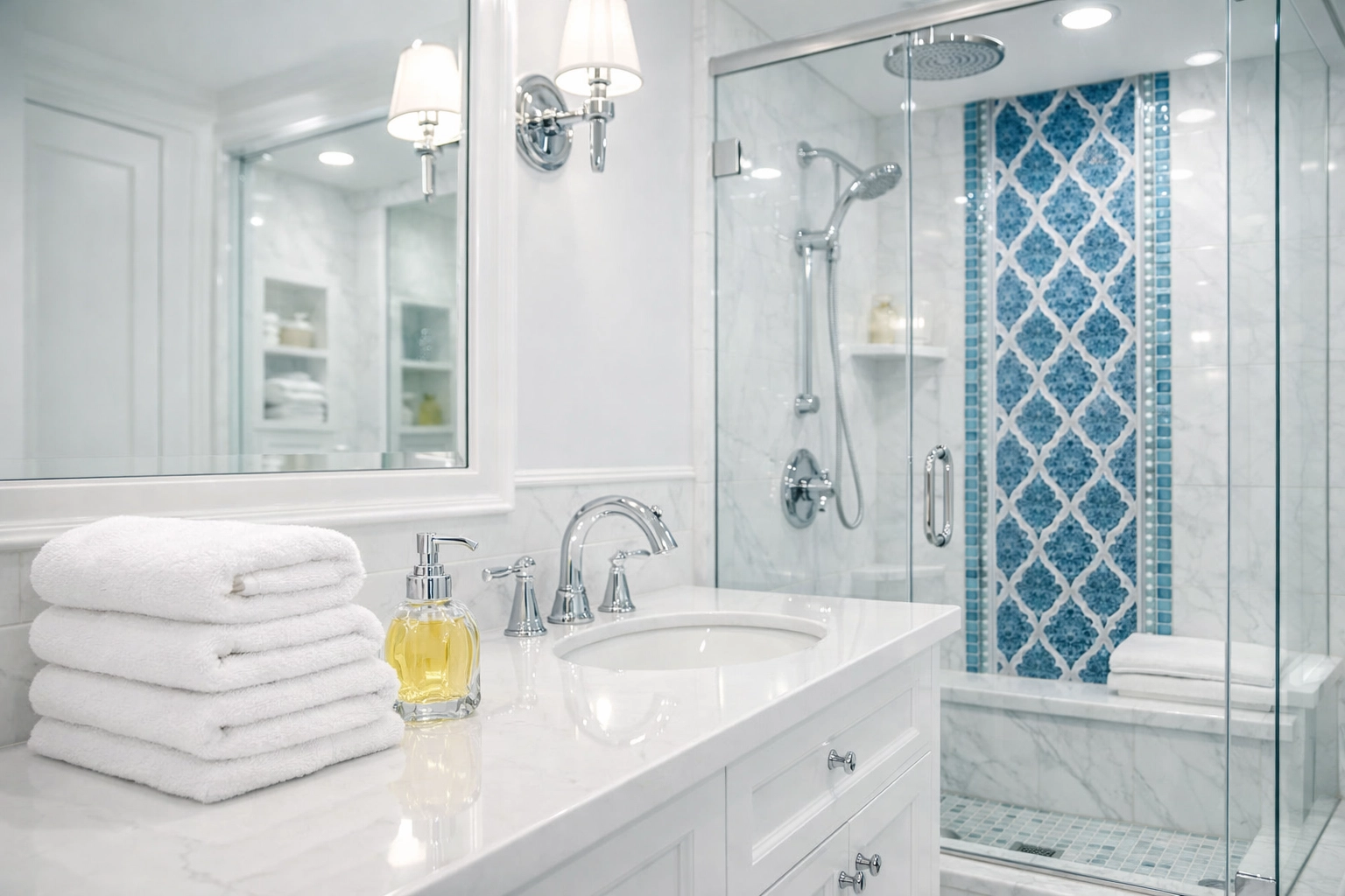 Streak-free mirrors and white vanity from a professional house cleaning in Paxton, MA service.