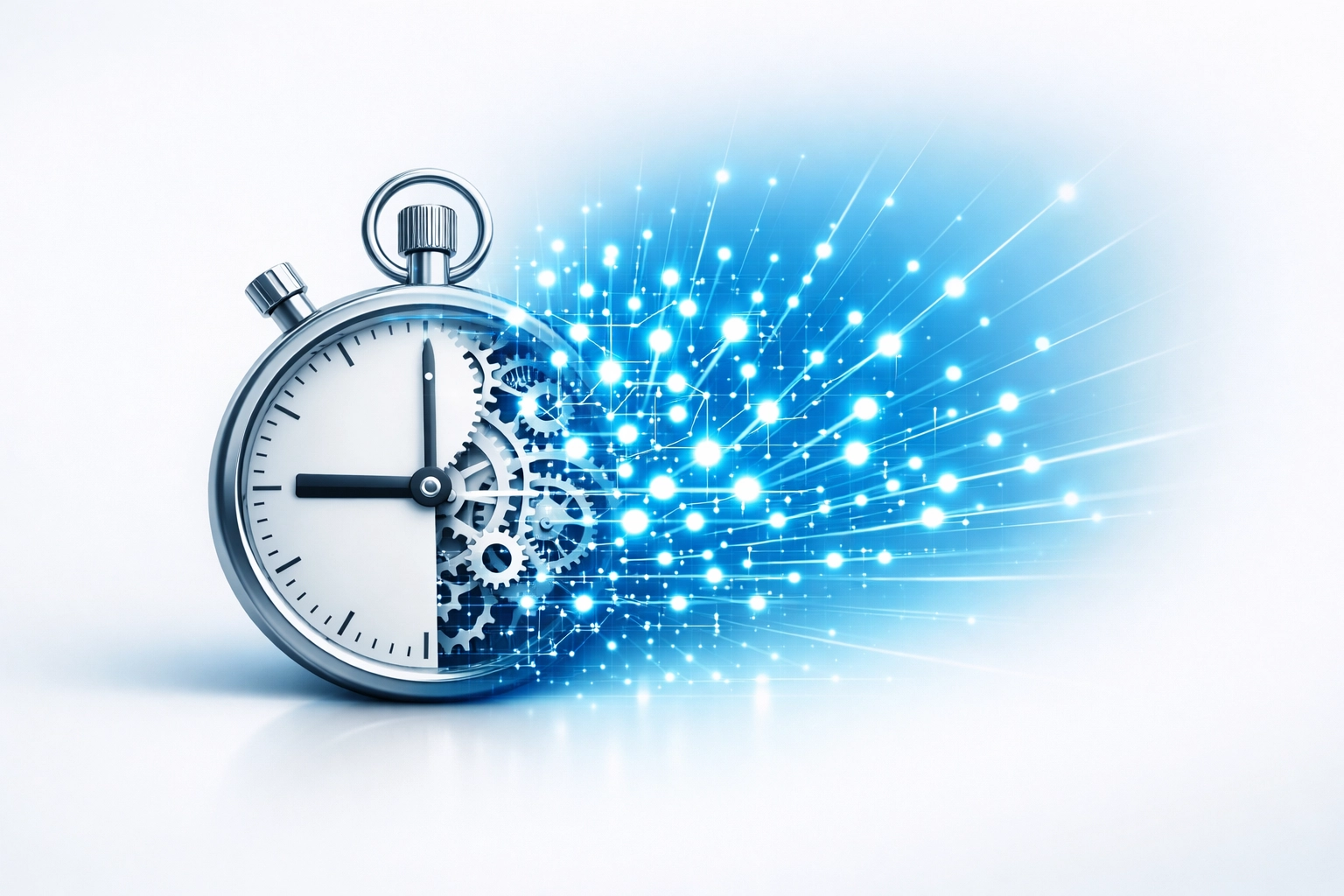 Digital stopwatch transforming into a network, representing the shift from manual work to automated business growth.