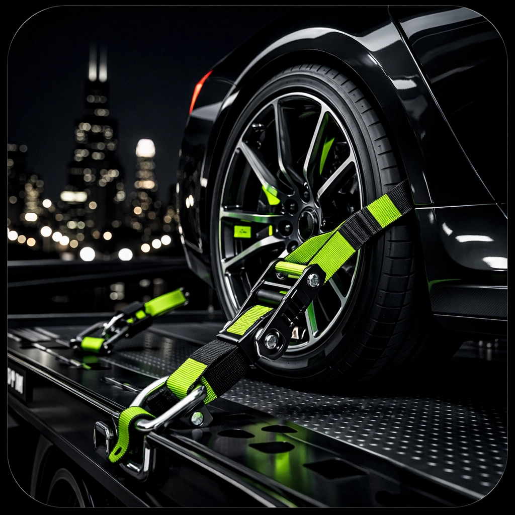 Secure tie-down system for professional flatbed towing services in Chicago IL.