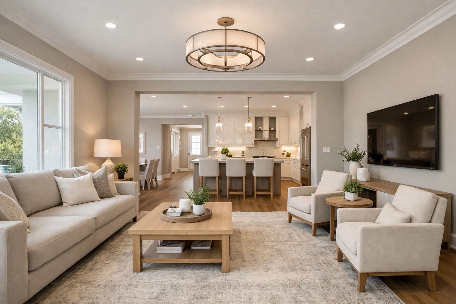 Sun-lit open living space showcasing professional interior painting in Orlando and modern decor.