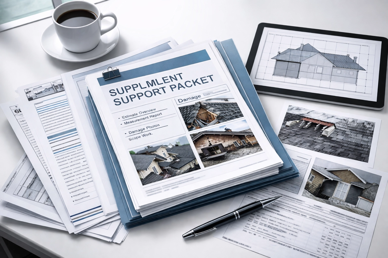 Supplement support packet with damage photos, spec sheets, and measurement diagrams on an office desk for contractor documentation.