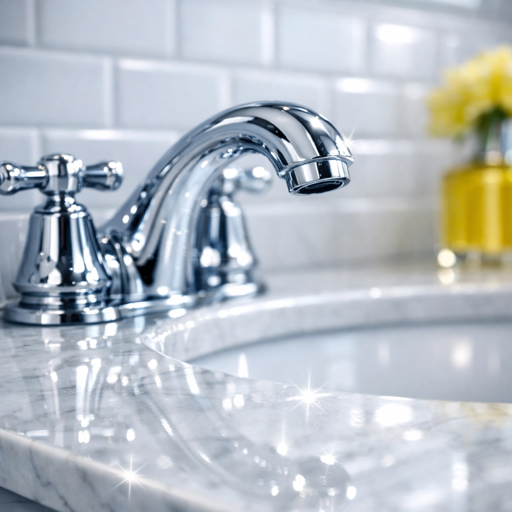 Sparkling clean bathroom faucet and marble counter showing the detail of a professional deep cleaning MA reset.