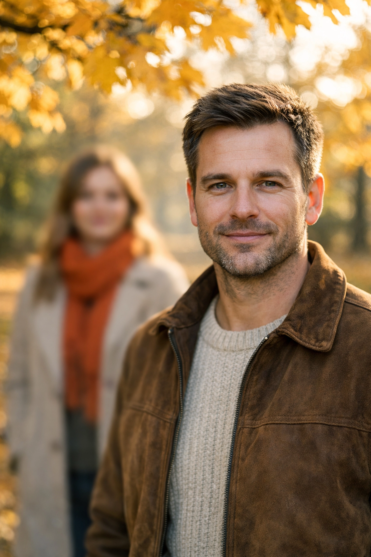 Portrait demonstrating manual mode mistakes with an overly shallow depth of field in an autumn park.
