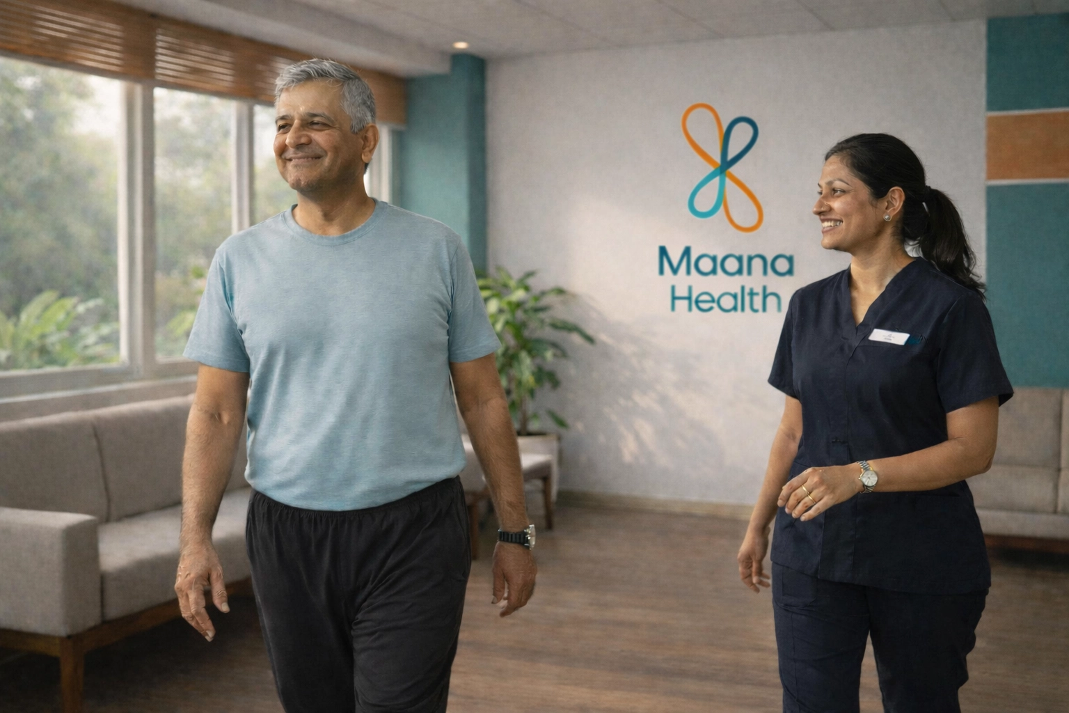 A patient stands confidently after non-surgical back pain treatment at Maana Health spine clinic in Kochi.