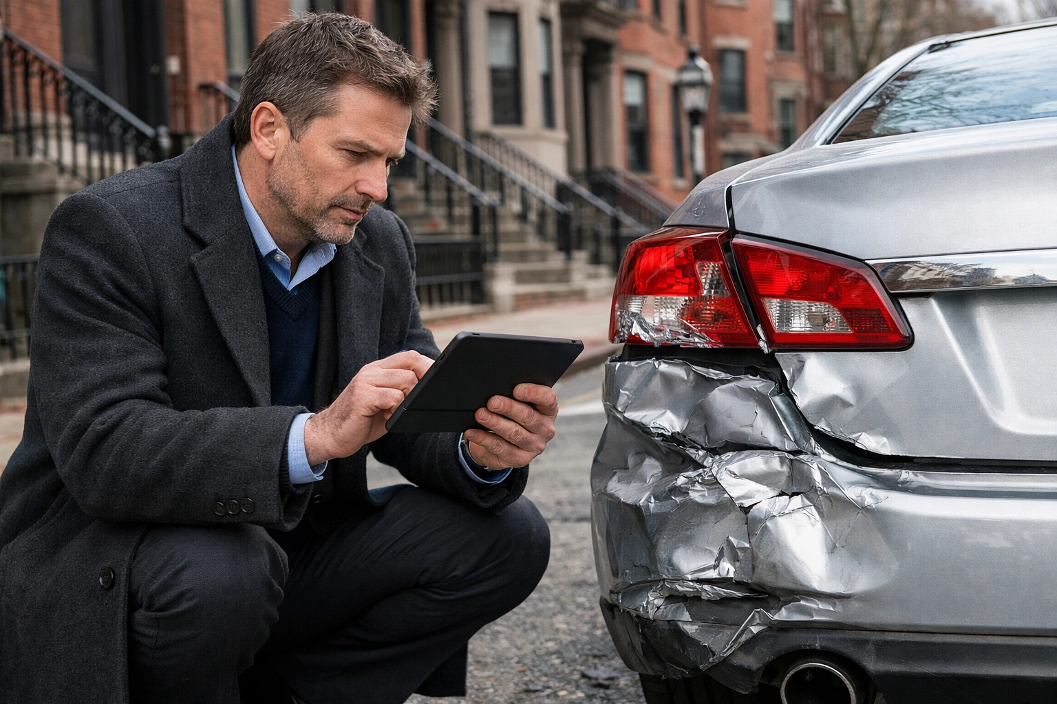 Investigator examining vehicle damage as evidence for a Boston rear-end accident fault claim.