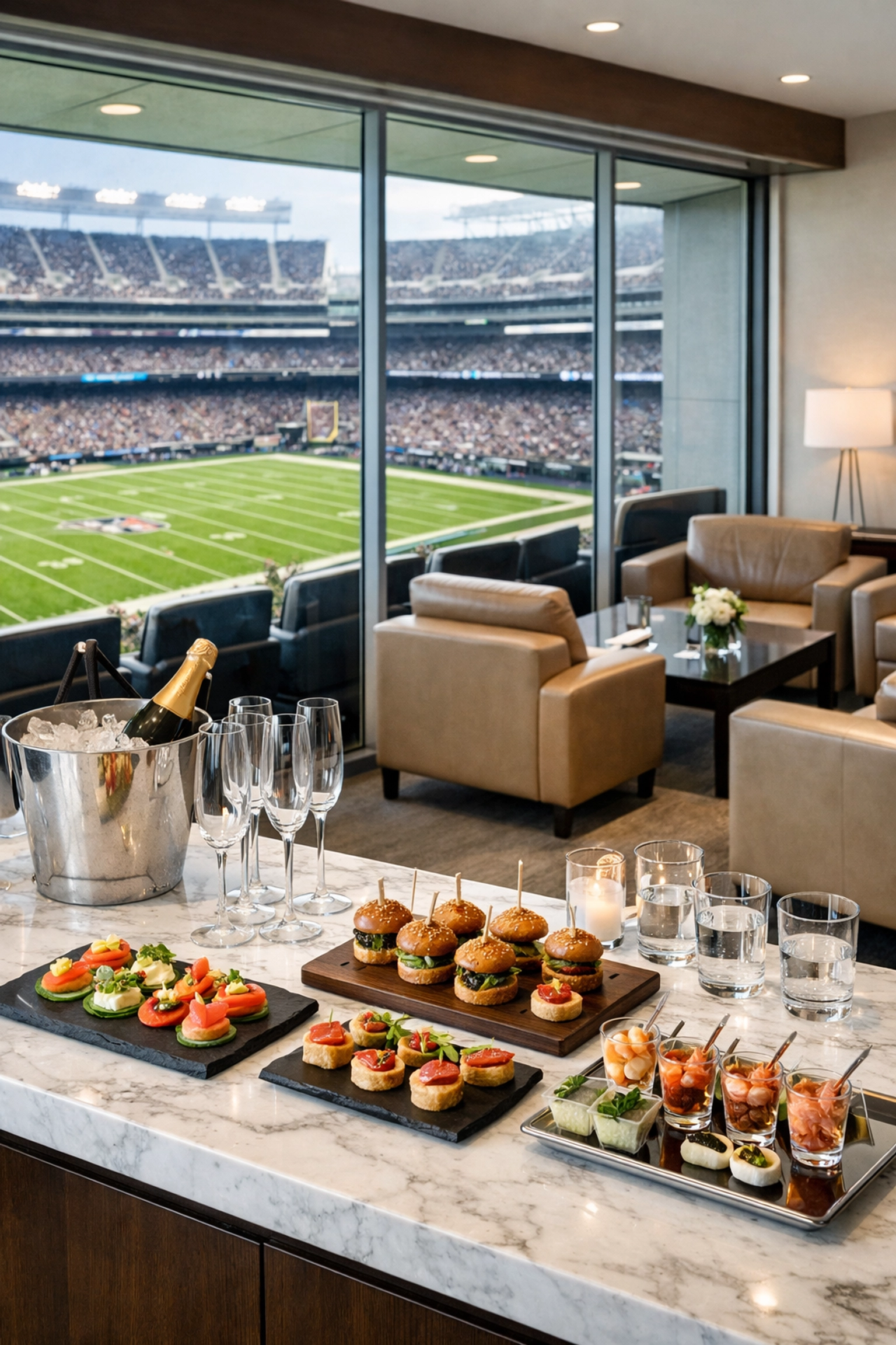 NEWSLETTER: 7 Mistakes You’re Making with Last-Minute Super Bowl Logistics (and How to Fix Them) Luxury corporate hospitality suite at the Super Bowl featuring premium executive catering.