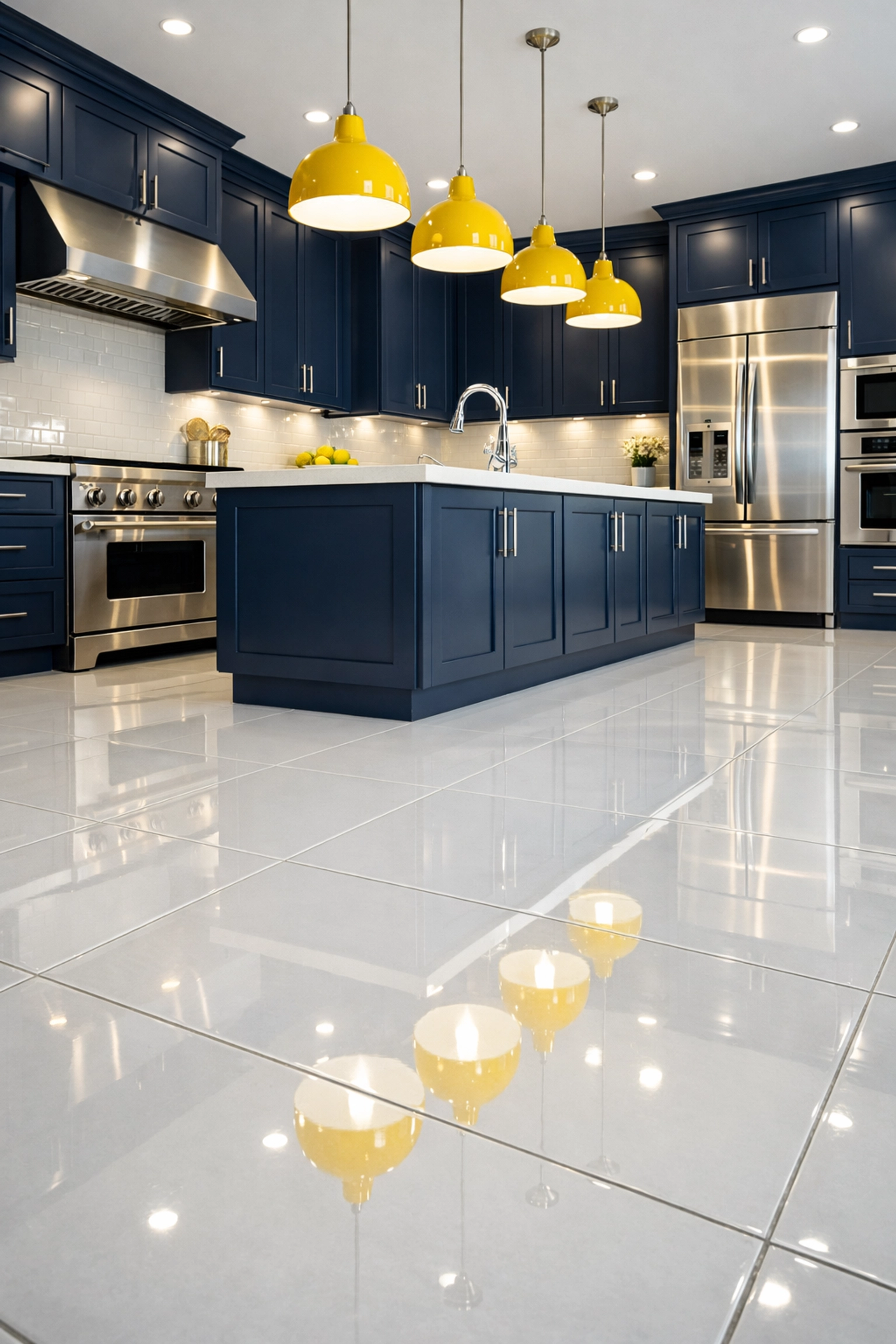 Deep-cleaned kitchen in Harvard MA featuring immaculate blue cabinets and smudge-free appliances.