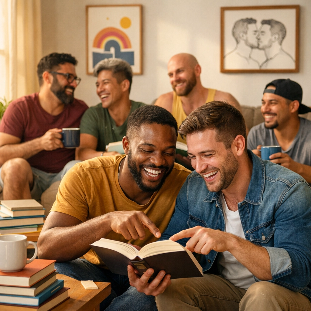 A diverse queer book club sharing joy and discussing MM romance novels in a cozy living room.