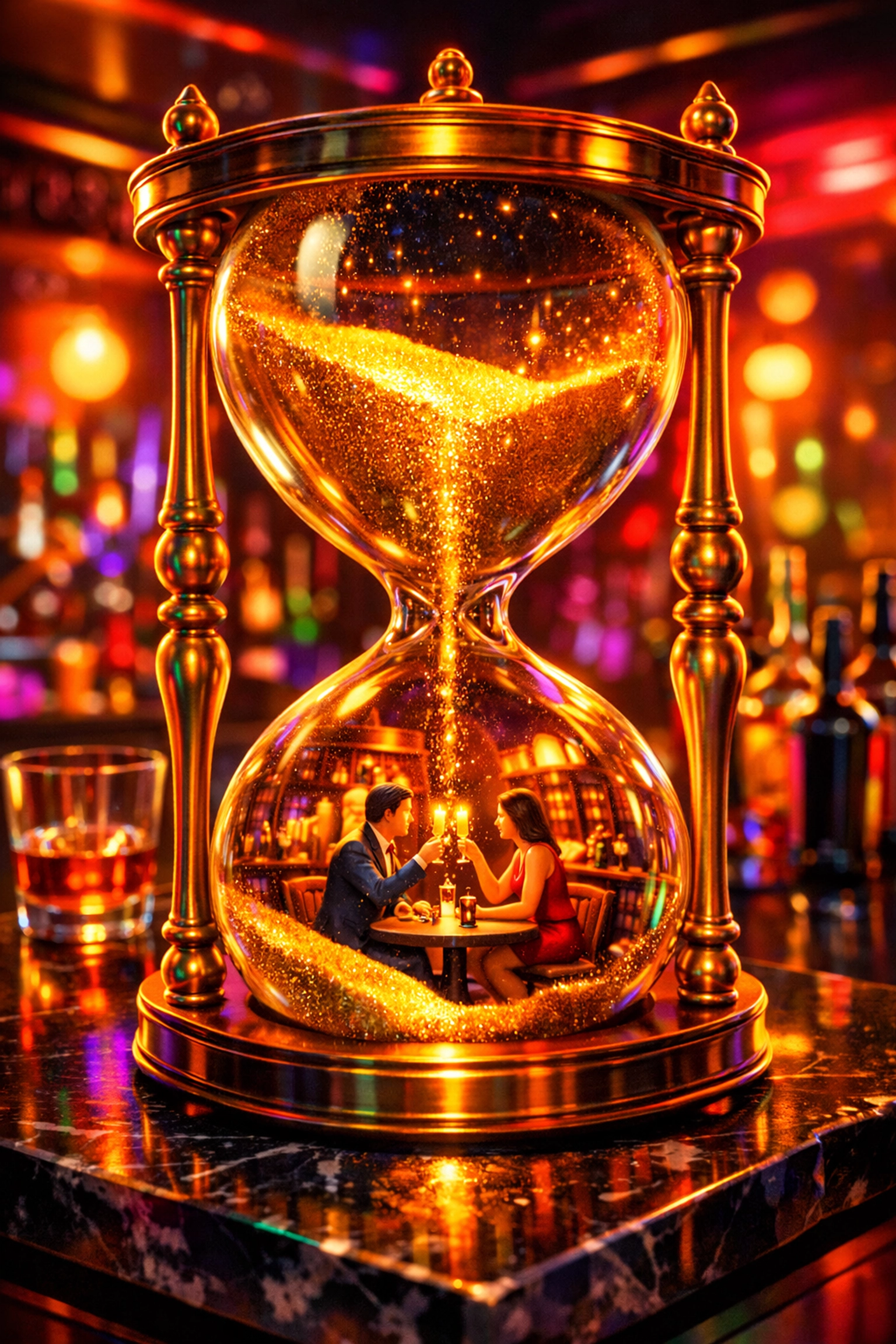 An hourglass with a romantic dining scene inside, illustrating the shift to the slow dating movement.