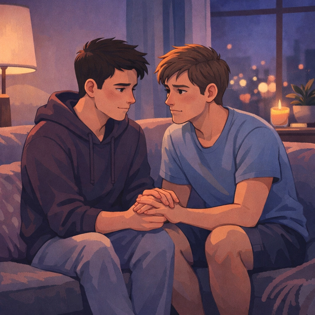 Two gay men in supportive conversation about intimacy and healthy relationships