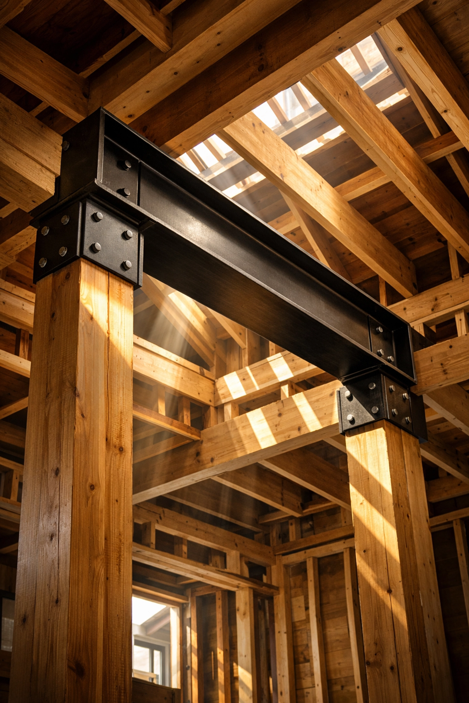 Internal structural steel beam installation for a professional bungalow second-storey transformation project.