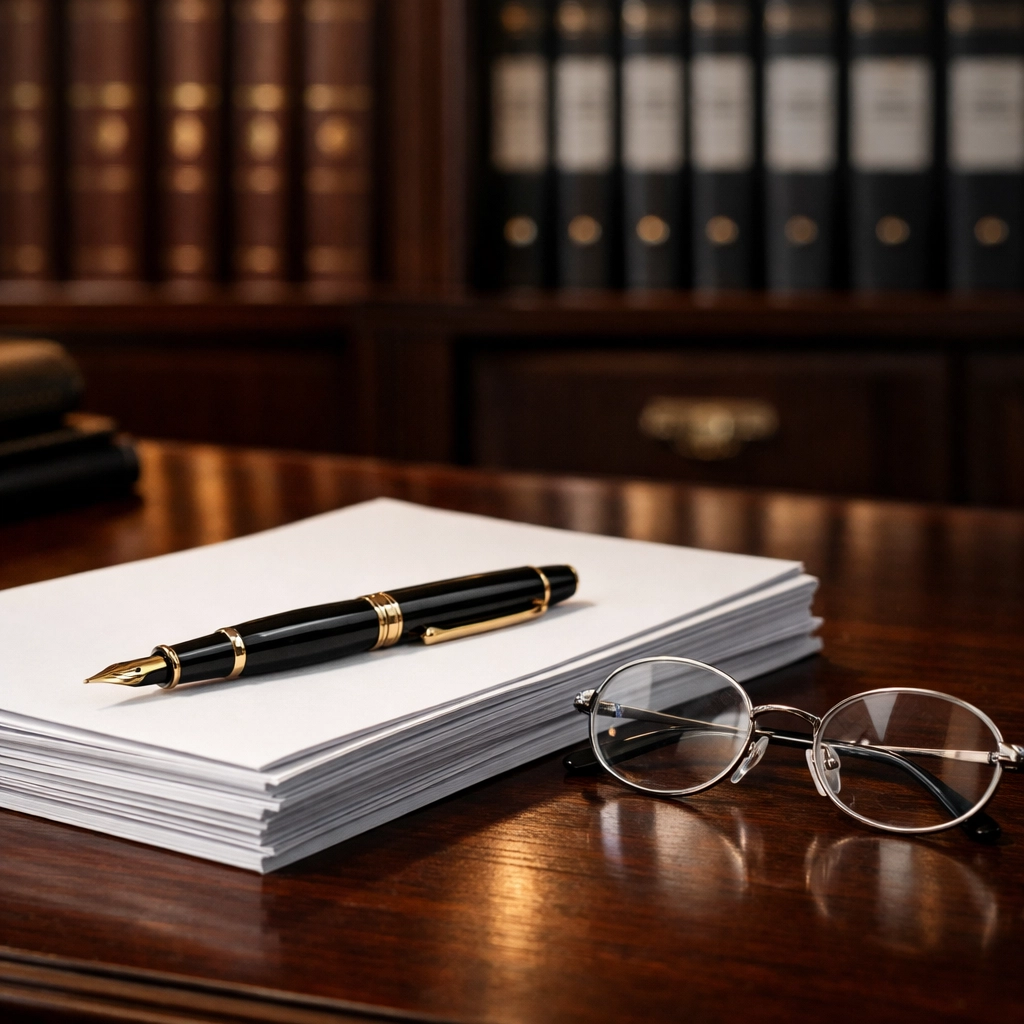 Legal documents and business valuation papers on an executive desk for a buy-sell agreement review.