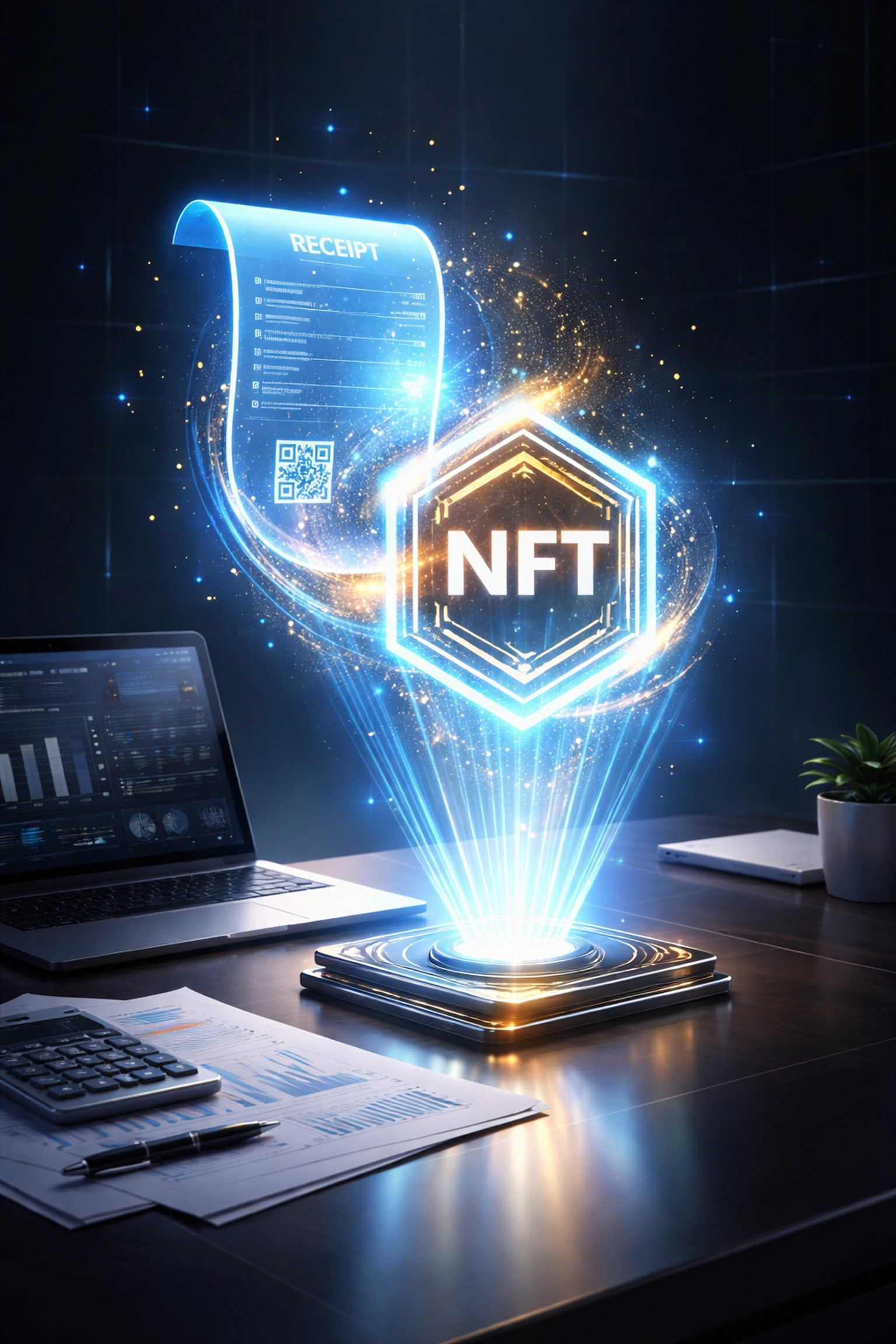 NFT receipt displayed above a modern desk symbolizes secure blockchain accounting and NFT transaction compliance