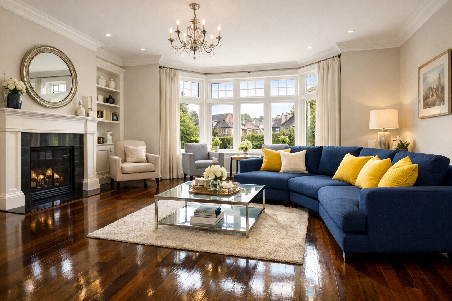 Clean and organized high-end Winchester living room showing results of professional 128 Belt house cleaning.