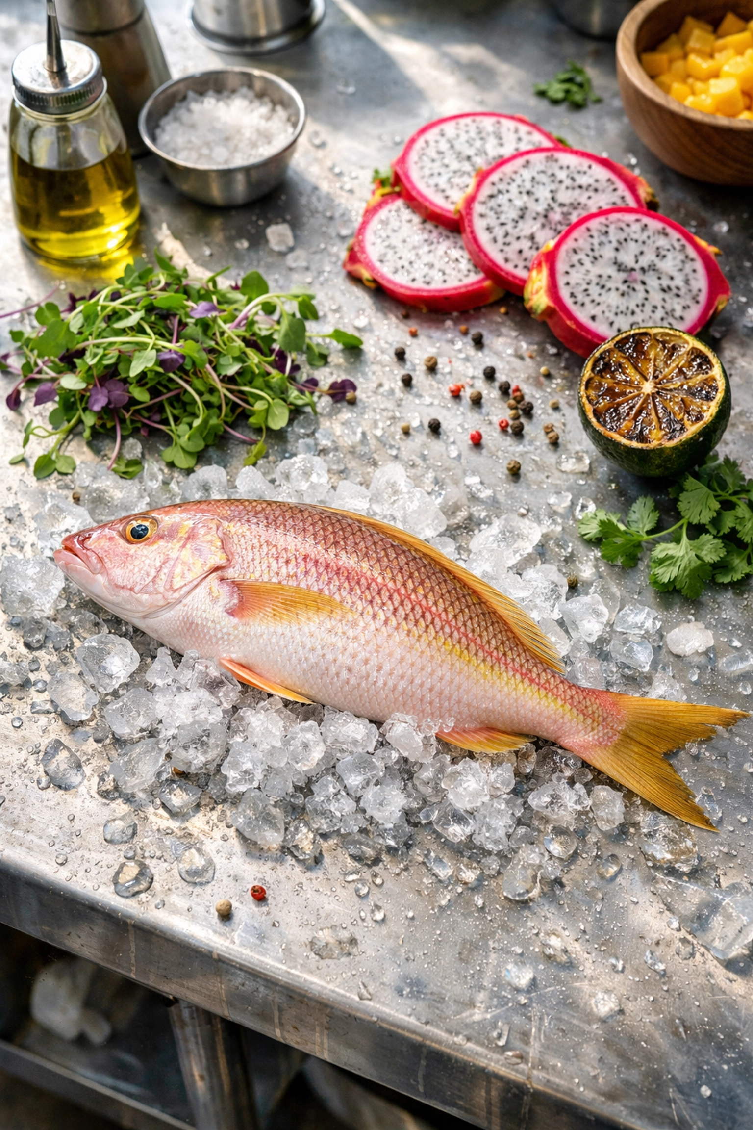 Fresh snapper and local ingredients on a stainless steel prep table at Little Moir’s Leftovers.
