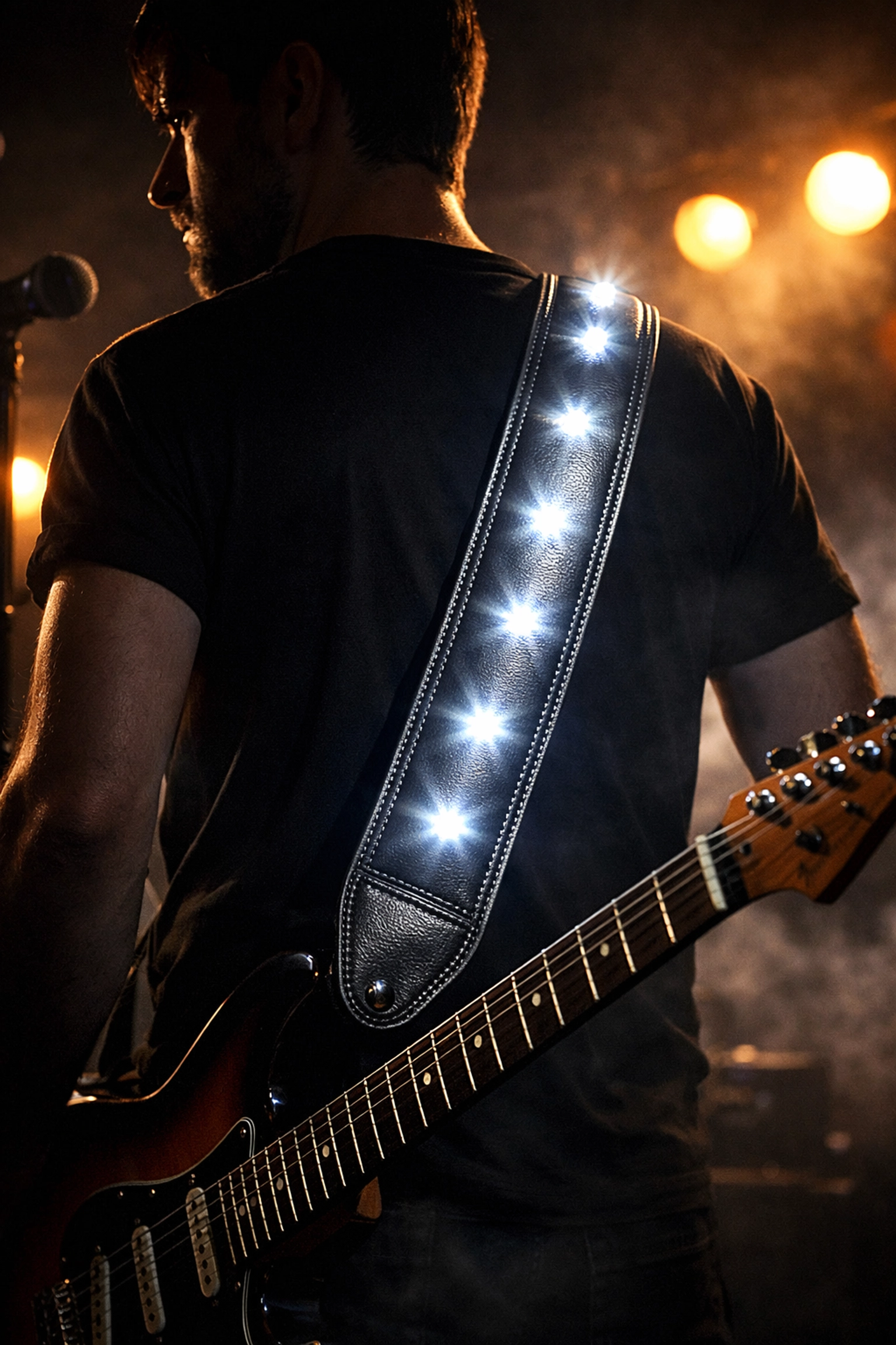 Sound-activated LED guitar strap lighting up on stage during concert