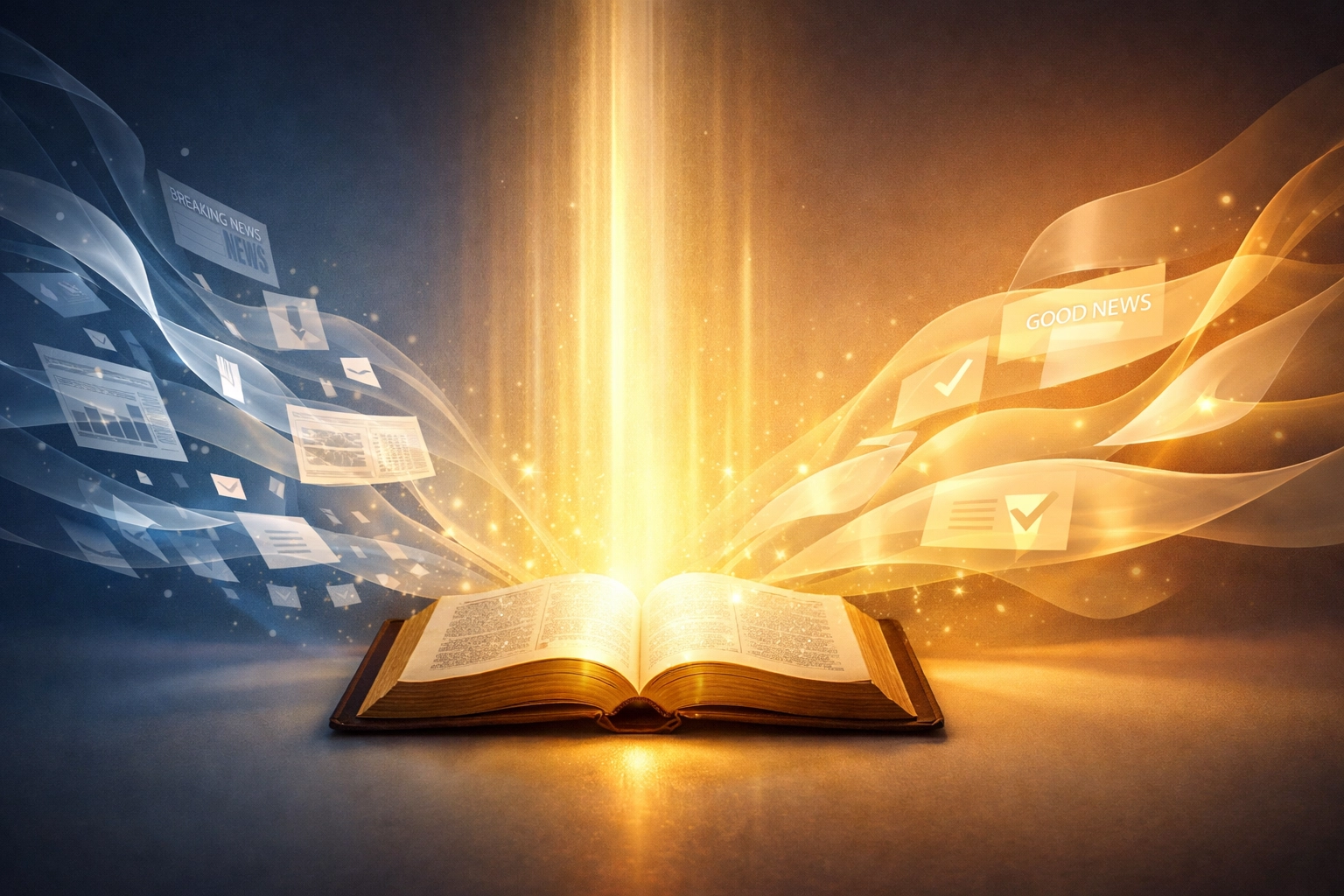 Open Bible with glowing light filtering and transforming chaotic news into peaceful truth
