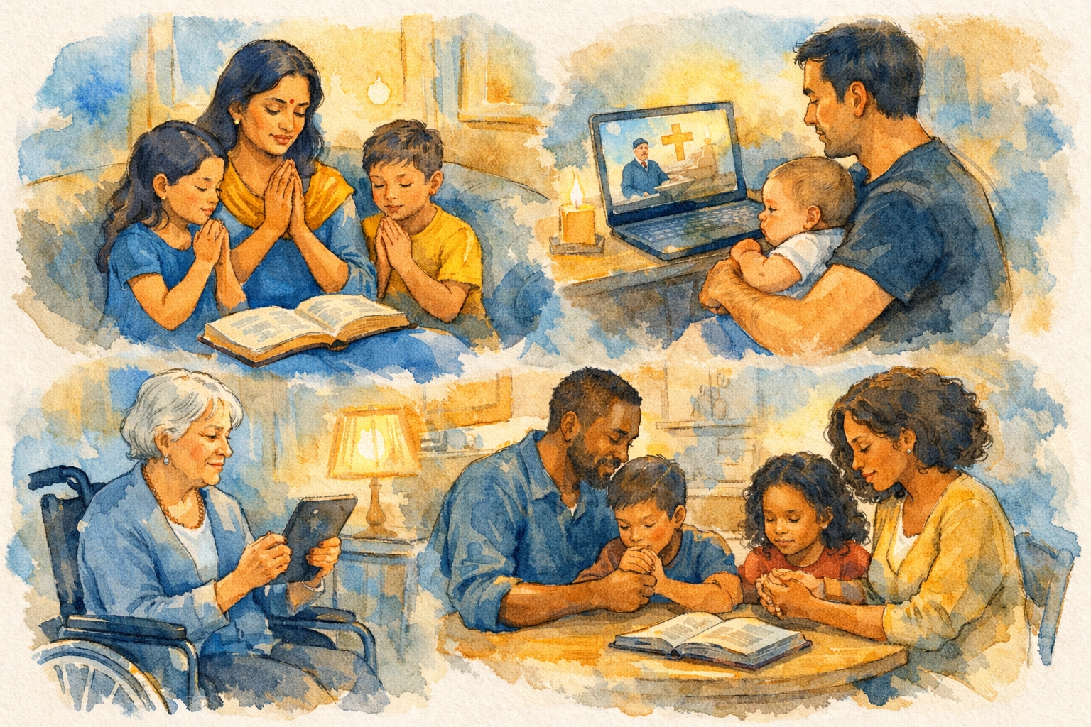 Diverse families worshiping together at home through online church services