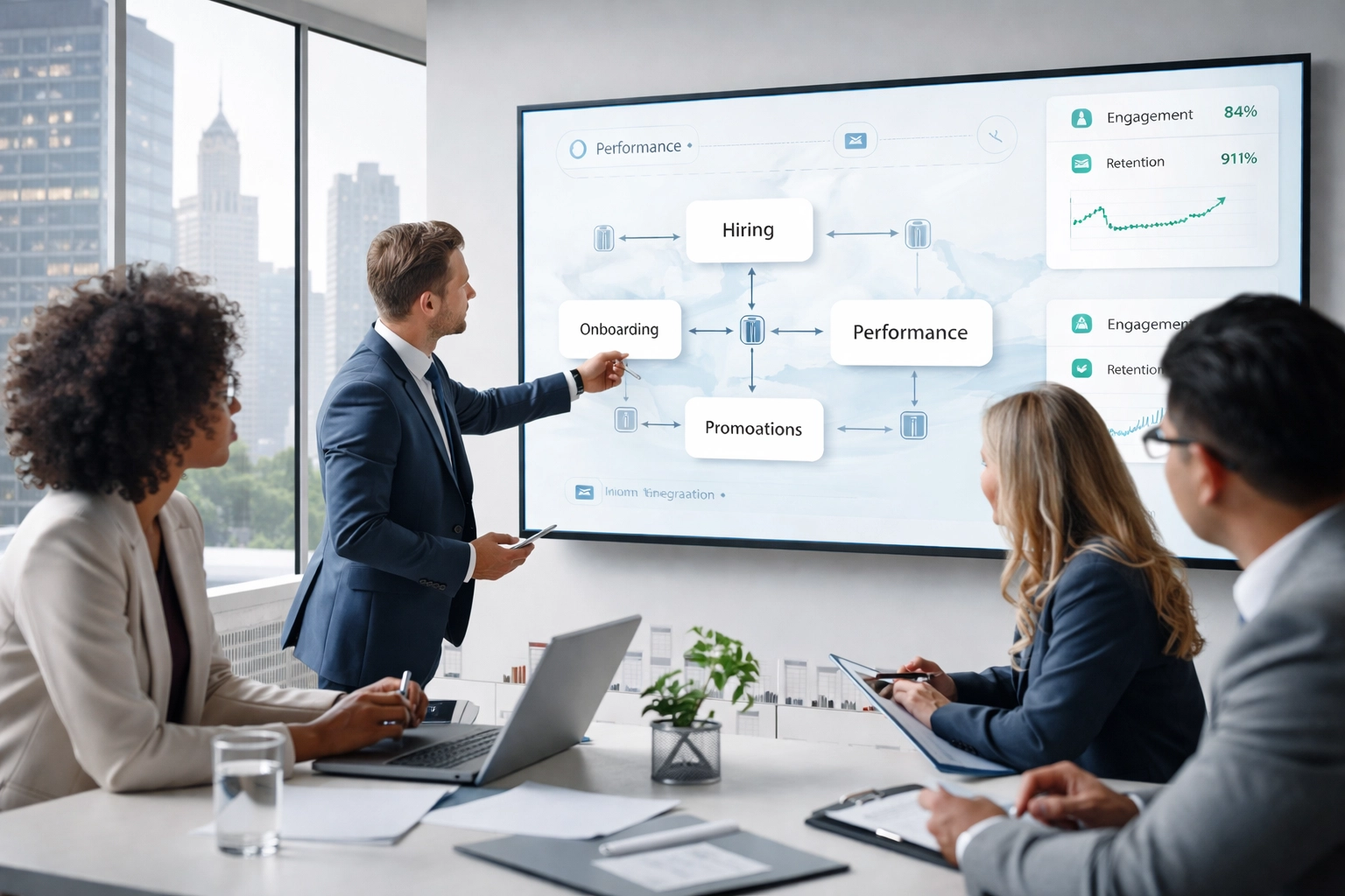 Leadership team in a bright Chicago boardroom reviews organizational culture frameworks to build effective company systems.