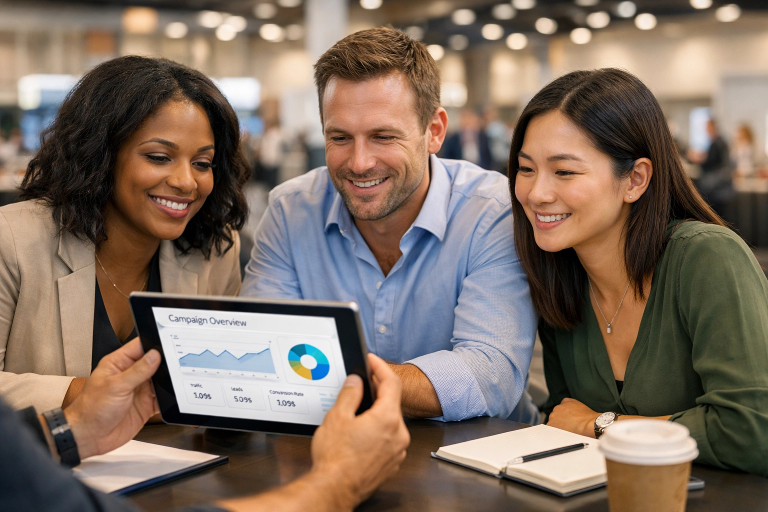 Venue marketing team collaborating on a strategic media asset management plan in a professional boardroom setting.