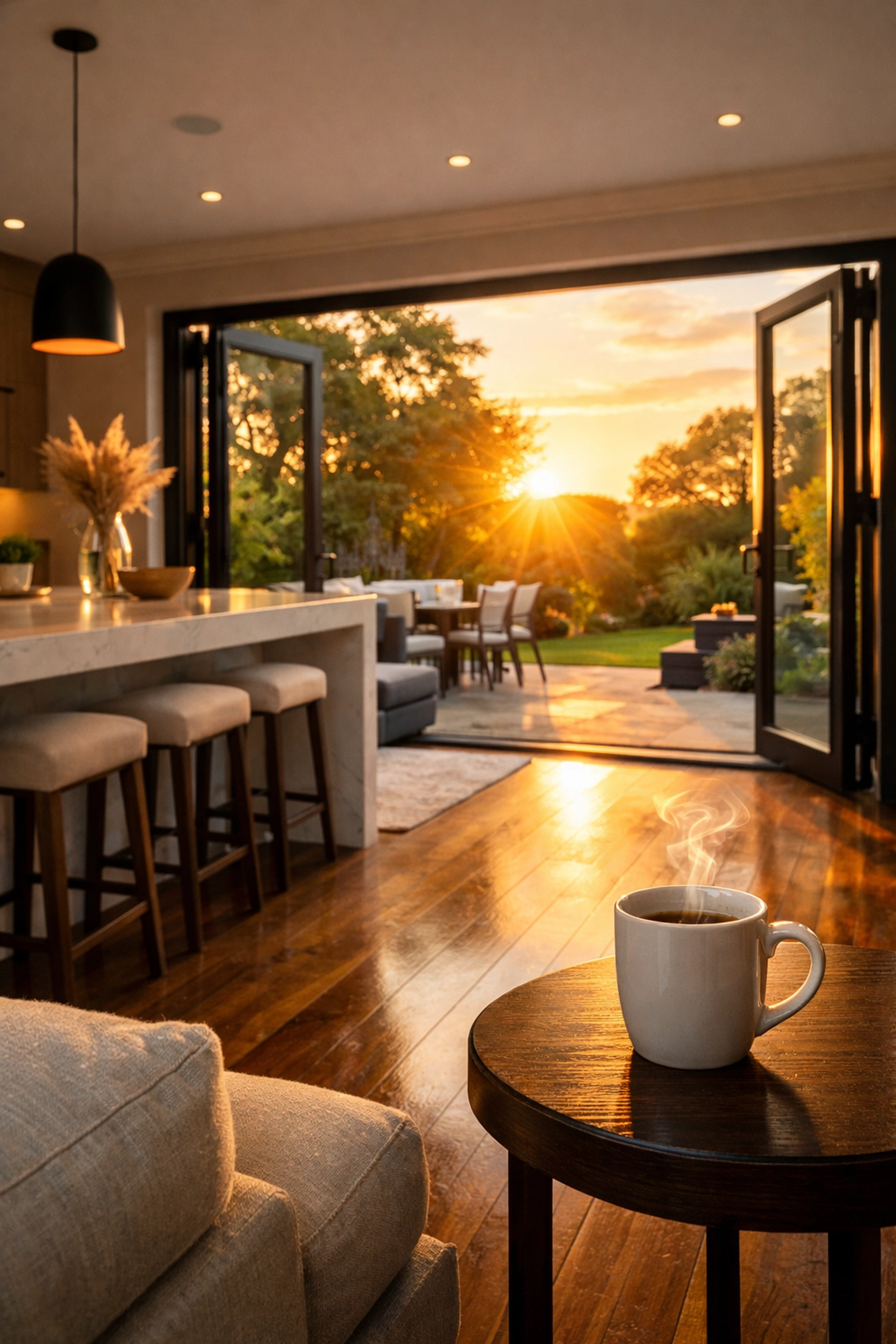 Completed premium kitchen extension with bifold doors and modern open-plan living space.