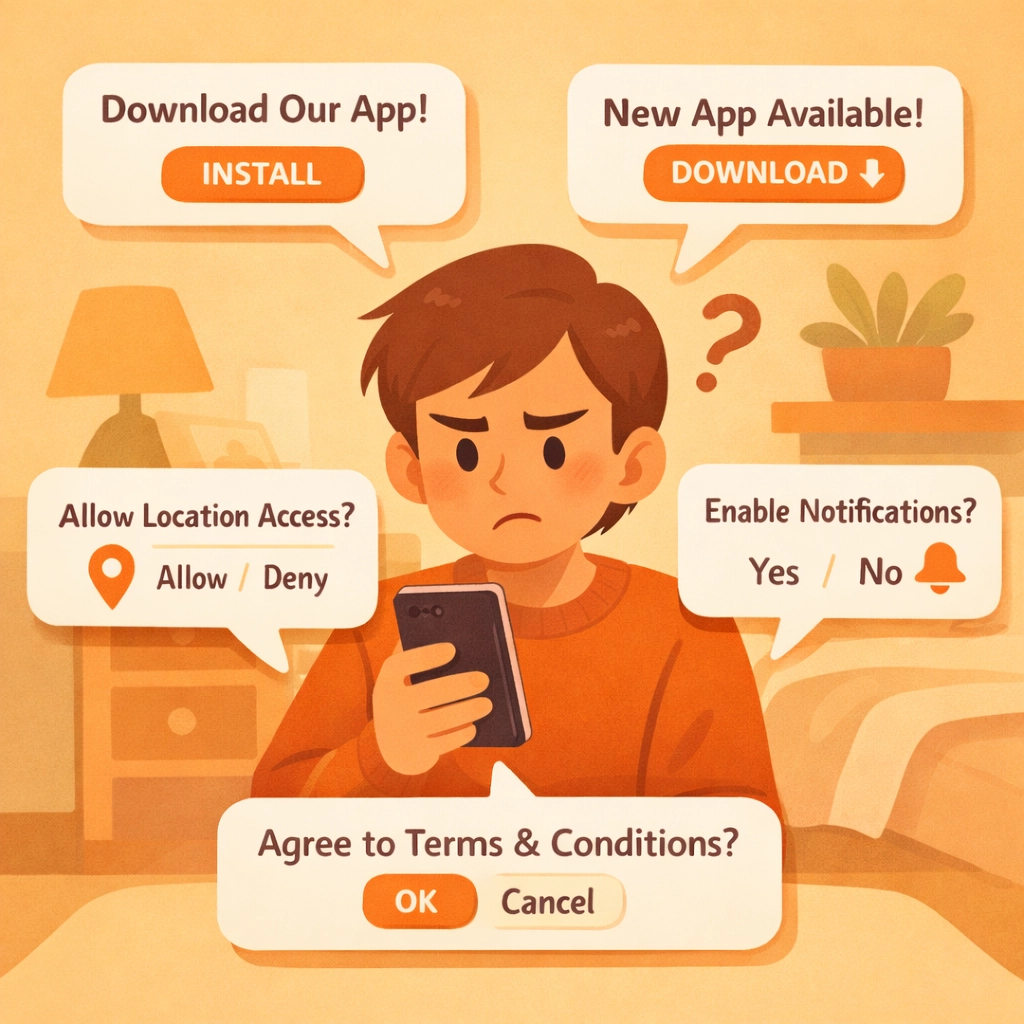 Frustrated homeowner overwhelmed by contractor app download requests and permission notifications