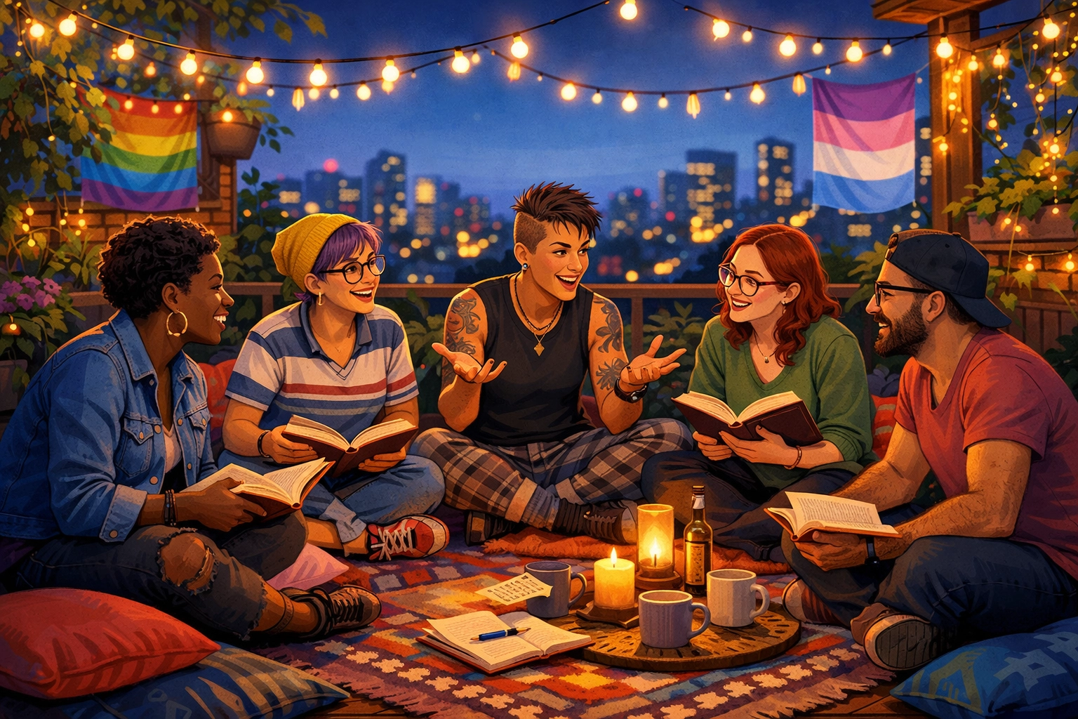 Diverse queer friends in an LGBTQ+ book club sharing insights on a rooftop garden.