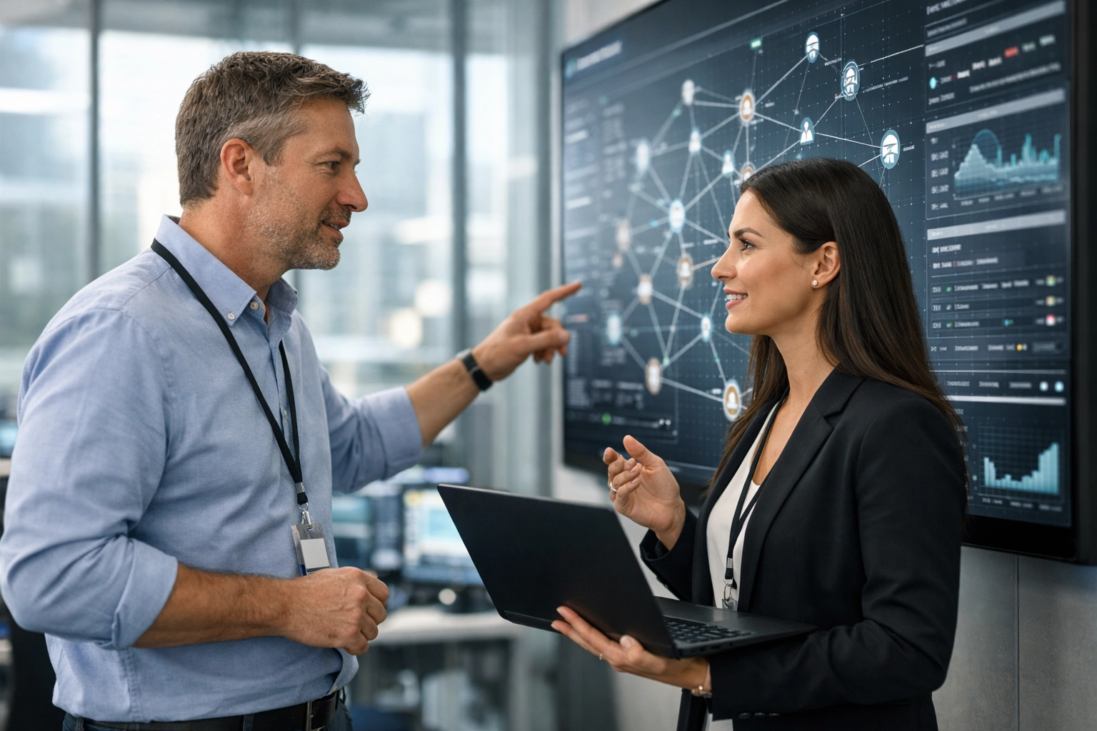 IT professionals analyzing ITOM and ITAM network data in a modern ServiceNow command center.
