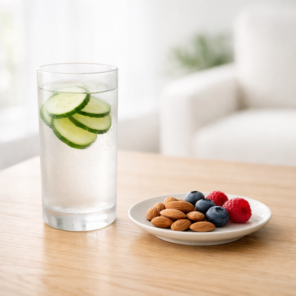 Healthy snacks and cucumber water to maintain hydration and manage side effects of GLP 1 injections.