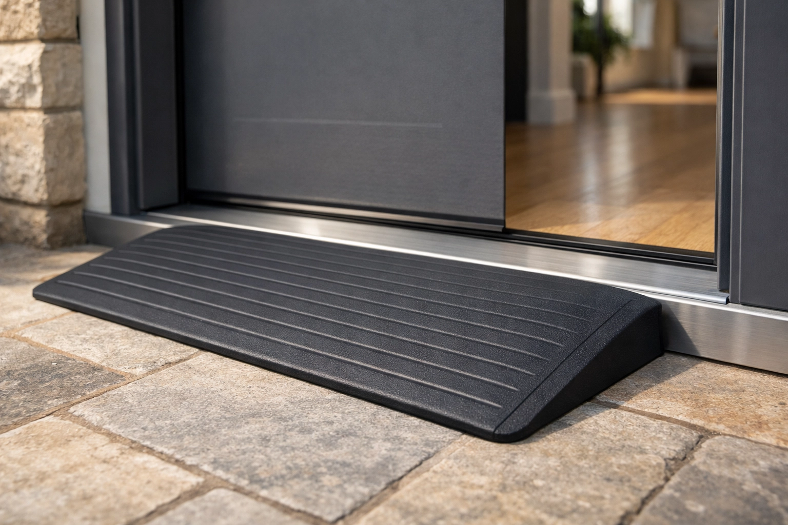 A rubber threshold ramp at a front door to eliminate tripping hazards for walkers and canes.