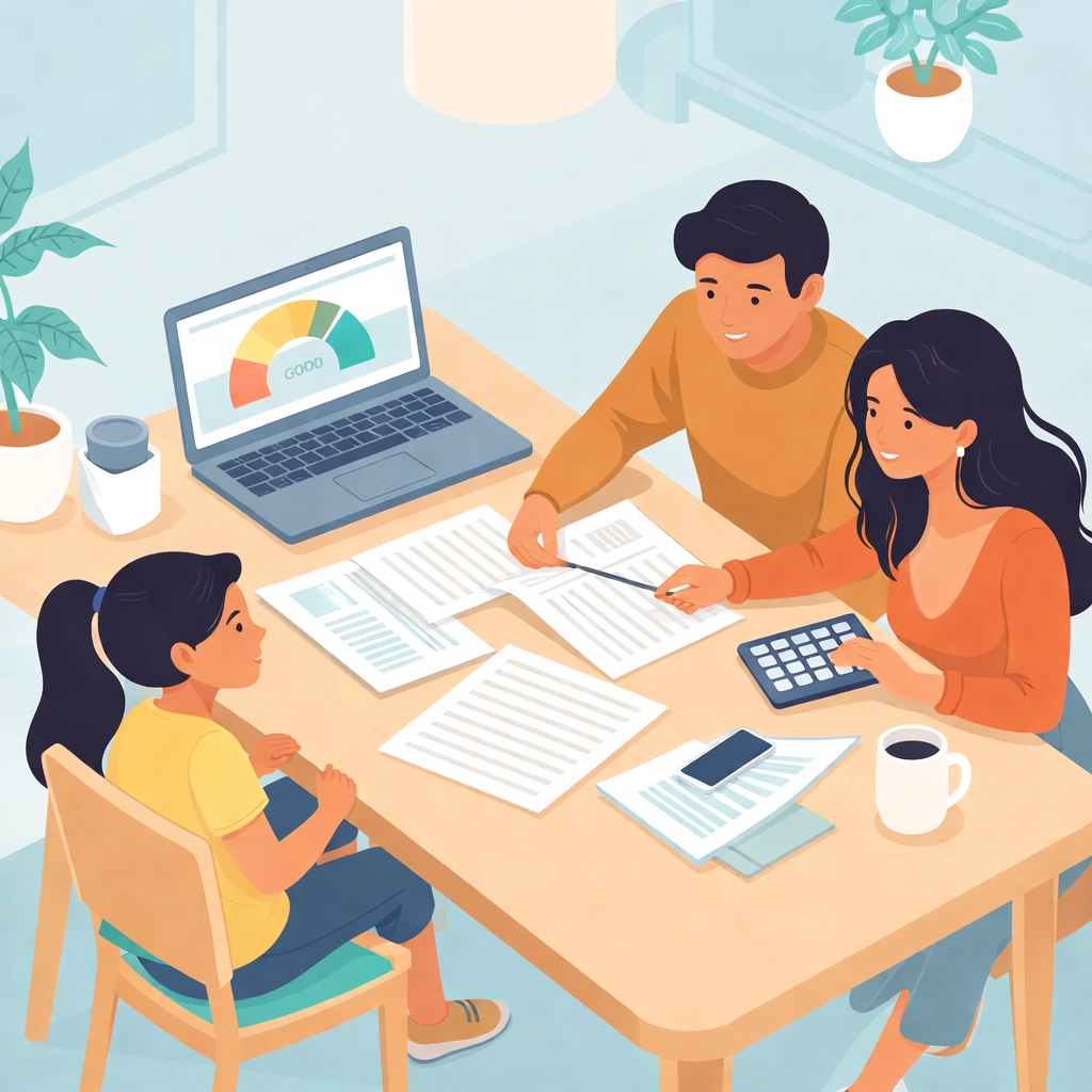 Familia latina revisando documentos financieros y puntaje de crédito para comprar casa en USA