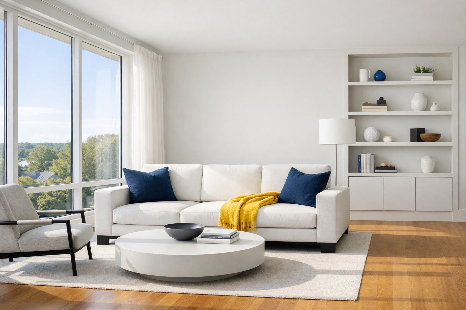 A clean, minimalist apartment living room in Maynard, Massachusetts after a professional deep cleaning service.