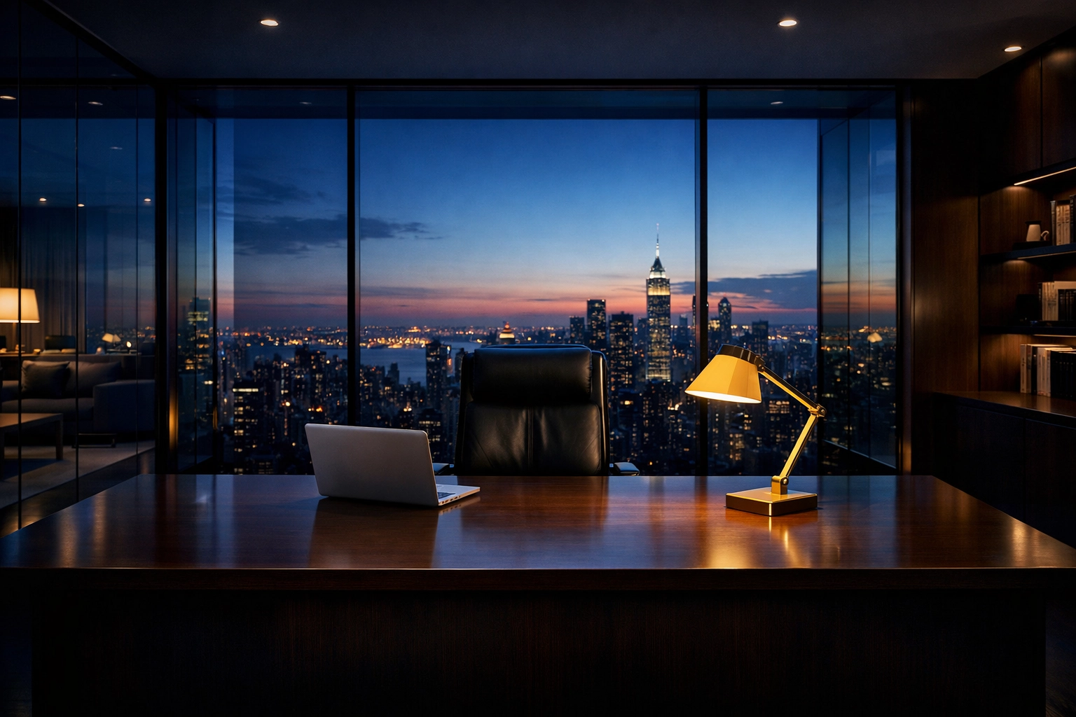 Clean executive office with a polished desk and skyline view, maintained by commercial office cleaning services.