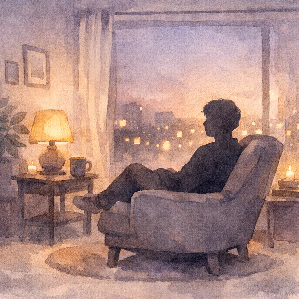 Queer person finding peace and emotional safety in comfortable home sanctuary