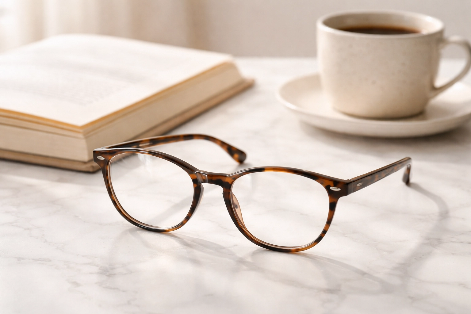 Pair of tortoiseshell reading glasses on marble table with book and coffee, representing custom readers for post-surgery vision needs.