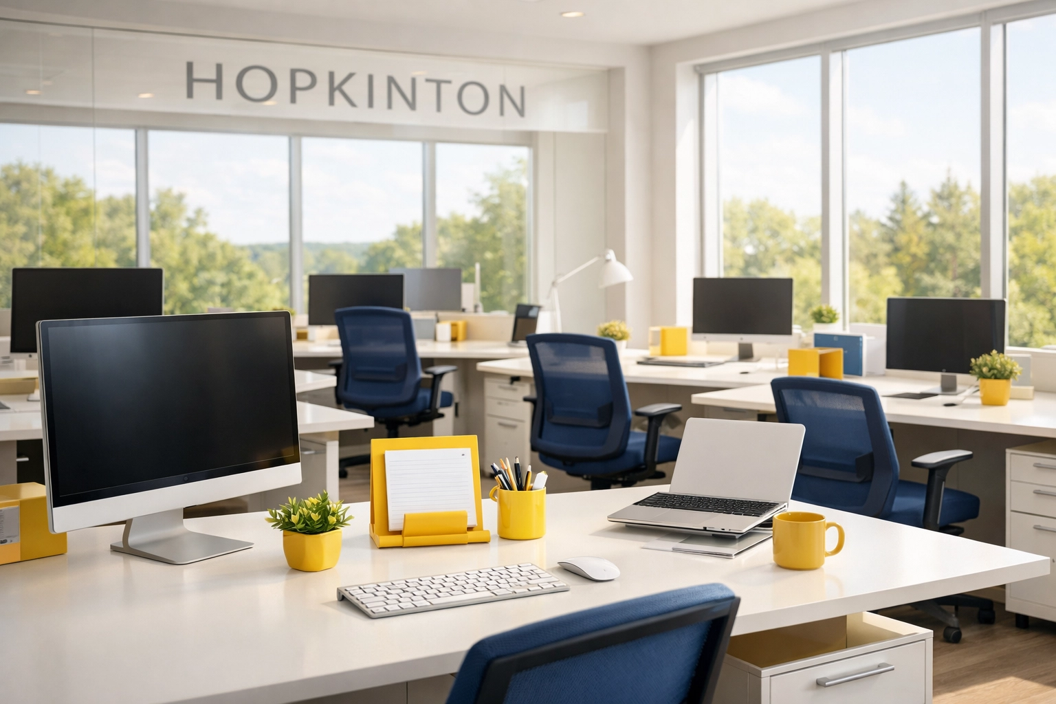 Clean modern office desks in Hopkinton showing the results of professional commercial cleaning services.
