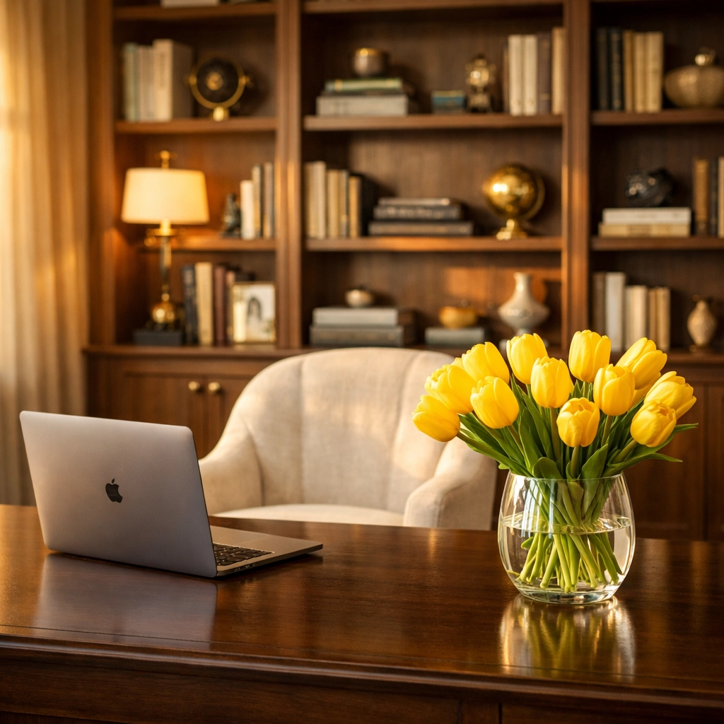 Clean and organized home office workspace for a productive, busy professional.